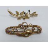 Two 9ct gold brooches set with ruby, sapphire and seed pearls, 4.5g.