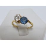 18ct gold blue and white two stone ring, size O/P.