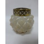 A Bohemian Kralik pearlised glass Rose Bowl with pierced brass top, 13cms in height.