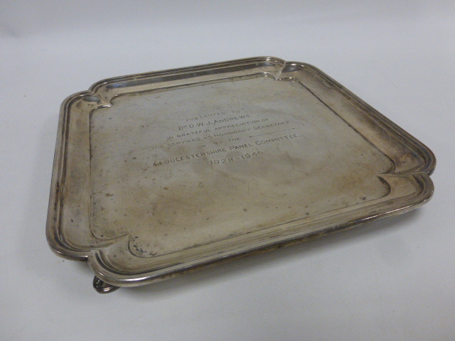 Silver footed salver hallmarked Sheffield 1926, with engraved dedication, 20x20cms, 488g.