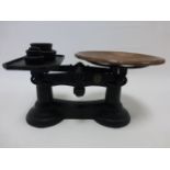 Early Victorian shop scales with attached VR disc, with weights.