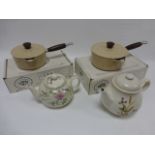 Two French La Cuisine enamelled cast iron saucepans (unused in original boxes) and two full size