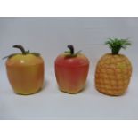 Three retro plastic ice buckets - Pineapple and two Apples with stork & leaves.
