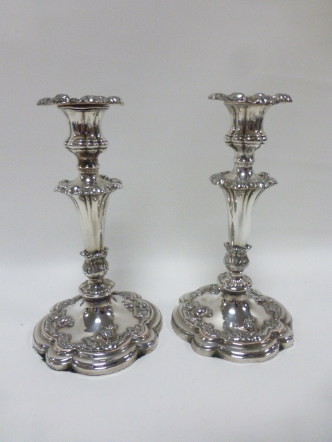 Good pair of 19thC Sheffield Plate Candlesticks by Blagdon, Hodgson & Co, 23.5cms in height.