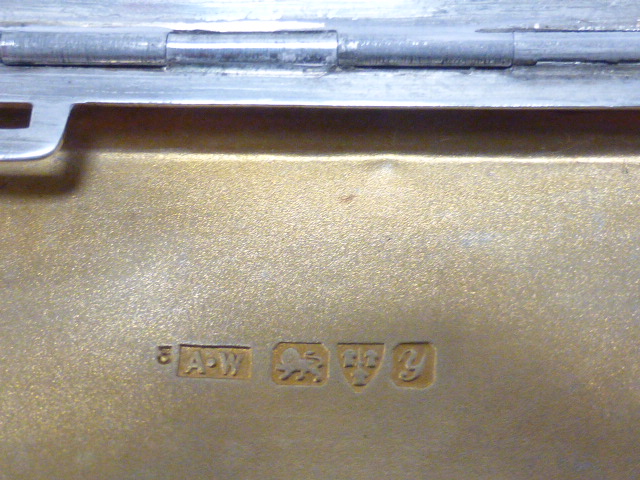 A silver cigarette case with engine turned decoration and 9ct gold cartouche, - Image 3 of 5