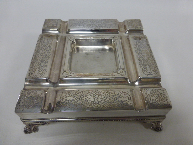 Early 20thC silver plated desk top ink well stand of square form with engraved panels, - Image 2 of 5