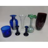 Collection of glass items inc blue glass vase & pair of candlesticks,