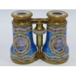 French gilt metal enamel and mother of pearl Opera glasses decorated with vignettes of rural