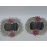 Pair of Murano glass dressing table mirrors with beaded borders applied with pink flowers,