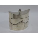 Late Victorian silver tea caddy of navette form with hinged lid and spiral finial,