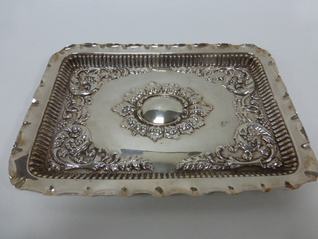 Edwardian silver embossed tray hallmarked Sheffield 1905 by Walker & Hall, 28x20cms, 266g.