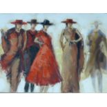 Large oil on canvas depicting a group of stylish women, approximately 60 x 150cm.