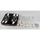 A SET OF SILVER COFFEE SPOONS & SUGAR NIPS cased, together with ASSORTED OTHER SPOONS including golf