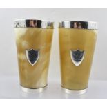 JANE BROWNETT & ALEXANDER JONES A PAIR OF VICTORIAN SILVER MOUNTED HORN BEAKERS, with glass bases