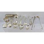 A QUANTITY OF HALLMARKED SILVER ITEMS, includes a vesta case, assorted spoons, sugar nips, miniature