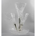 A STUART CRYSTAL AND SILVER PLATED EPERGNE, formed with a central flute and three side flutes, cut