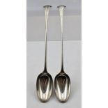 EBENEZER COKER A PAIR OF SILVER SERVING SPOONS with scroll terminals, monogrammed "B", London