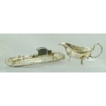 A 19TH CENTURY SILVER PLATED SNUFFER TRAY WITH A PAIR OF CANDLE SNUFFERS of scissor form, together