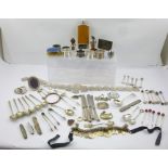 A SELECTION OF SILVER AND SILVER PLATED ITEMS comprising; a silver plated fancy link belt, a hip