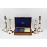 A "MAPPIN & WEBB" LONDON OAK CASE CONTAINING A SET OF DESSERT KNIVES AND FORKS FOR SIX, the case