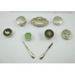 A COLLECTION OF FIVE SILVER PILL BOXES, various assay marks, together with a SILVER PIN DISH, an