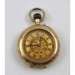 A LATE 19TH CENTURY CONTINENTAL 14K GOLD LADY'S FOB WATCH, chased case, gilded dial with Roman