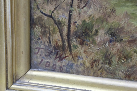 J** F** W** Late 19th century studies of wooded landscapes, Oils on canvas, a pair, initialled and - Image 3 of 6