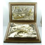 TWO DECORATIVE PANELS, Continental scenes, applied silver and gilt, marked "ARG 925", 26cm x 42cm,