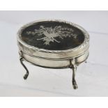 WILLIAM COMYNS A LADY'S OVAL SILVER TACK BOX, the lid set tortoiseshell, cut engraved inlaid with