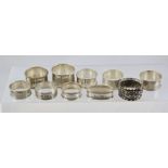 AN ASSORTMENT OF TEN SILVER NAPKIN RINGS various, engraved, engine turned, monogrammed etc., mixed