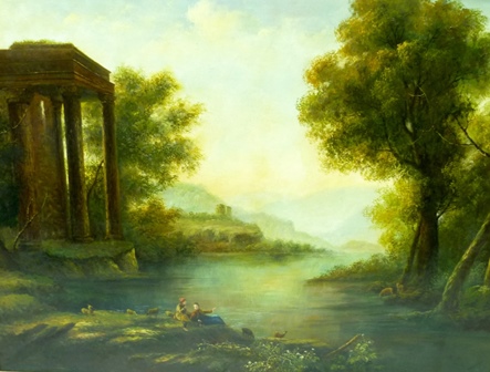 IN THE MANNER OF CLAUDE LORRAIN "Landscape with Ruins" figures in the foreground, a 20th century