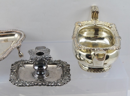 A SELECTION OF SILVER PLATED ITEMS to include; an Old Sheffield plate inkwell desk stand, a - Image 6 of 6