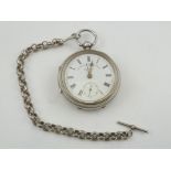 A LARGE EDWARDIAN SILVER POCKET WATCH AND CHAIN, the case Chester 1904