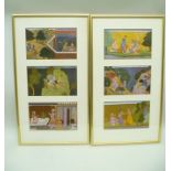 A PAIR OF GILT FRAMES, each containing 3 mounted colour prints after Mughal miniature paintings,