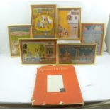 A COLLECTION OF SIX FRAMED COLOUR PRINTS after Mughal miniature paintings, courtly figures etc,