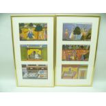 A PAIR OF GILT FRAMES each containing 3 mounted colour prints after Mughal miniature paintings,