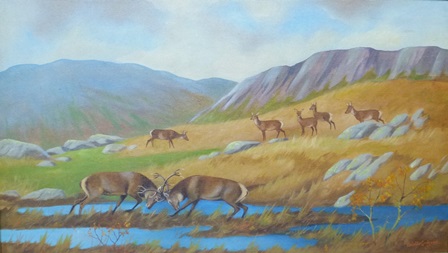 RALSTON GUDGEON, RSW "October in the Hills" Red deer depicting Stags rutting, Oil on board,