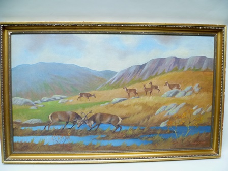 RALSTON GUDGEON, RSW "October in the Hills" Red deer depicting Stags rutting, Oil on board, - Image 2 of 5