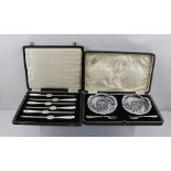 A SET OF SIX SILVER PLATED OYSTER PICKS cased - Argyle plate Sheffield made, and a PAIR OF CUT