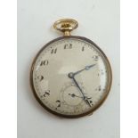 A 9CT GOLD OPEN FACE DRESS POCKET WATCH, having engine turned case, Swiss 17-jewel keyless lever