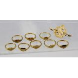 EIGHT ROLLED GOLD SIGNET RINGS, together with a 9CT GOLD RIFLE BRIGADE BROOCH