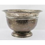 PRINGLE & SONS A SPUN SILVER PRESENTATION BOWL, having rolled rim and engraved belly, London marks