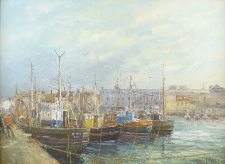 TRUDY DOYLE "Alongside the Barbican, Plymouth", moored fishing boats and figures, Oil painting on - Image 2 of 4