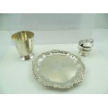 A GEORGIAN DESIGN SILVER WAITER/CARD TRAY with decorative rim, engraved strapwork to centre,