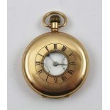 AN EARLY 20TH CENTURY 9CT GOLD CASED HALF HUNTER POCKET WATCH, white enamel dial with Arabic