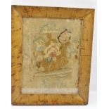 AN EARLY 19TH CENTURY NEEDLEWORK PANEL, depicts flowers in a basket, 30cm x 22cm, in maple frame,