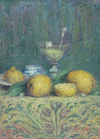 AFTER ALFRED VERHAEREN Still Life of Fruit and Glass on a decorative table cloth, Oil on panel - Image 2 of 3