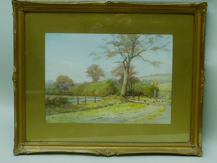 GEORGE OYSTON (1860-1937) "RURAL SCENE WITH HORSE DRAWN CART" watercolour painting signed and