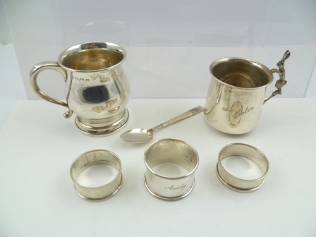 A SELECTION OF SILVER, comprising two Christening mugs, one baluster engraved "Ashley", the other "