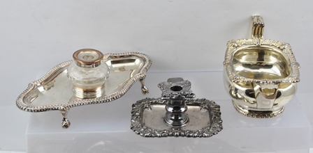 A SELECTION OF SILVER PLATED ITEMS to include; an Old Sheffield plate inkwell desk stand, a - Image 2 of 6